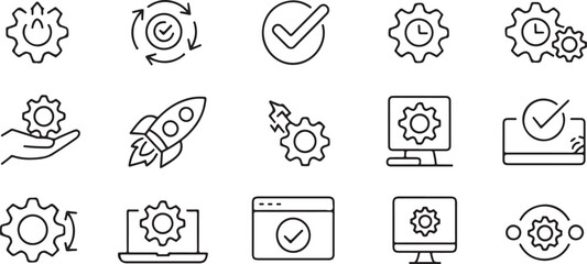 Collection of minimalist gear icons representing process optimization and technical solutions