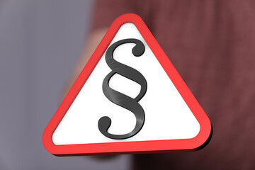 Stock photo of a red triangle warning sign with a paragraph symbol. Ideal for legal, law, and...