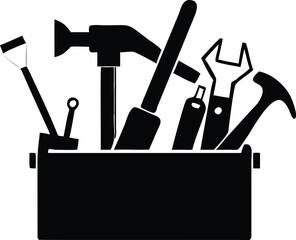 Black Silhouette of a Toolbox Containing a Variety of Hand Tools on a White Background