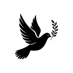Obraz premium Minimalist black silhouette of a dove in flight carrying an olive branch, symbolizing peace. Clean vector logo of a flying bird with a leaf sprig, perfect for peace or charity concepts.