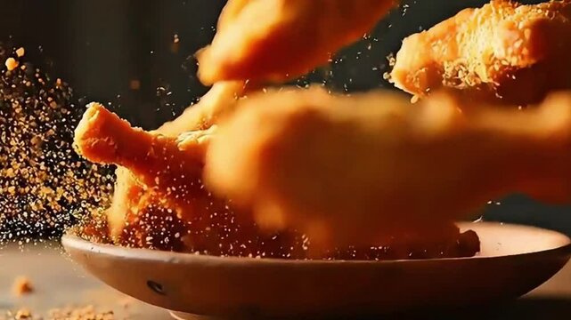 Crispy fried chicken falling midair with crumbs flying around