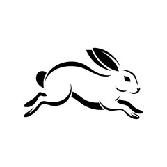 Minimalist black silhouette of a leaping rabbit for wildlife or speed themes. Vector logo of a hopping bunny, representing agility and energy.



