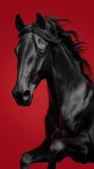 Fototapeta premium A black horse leaping with its forelimbs raised portrait on a red background, Close-up shot of the upper body, dark artistic style