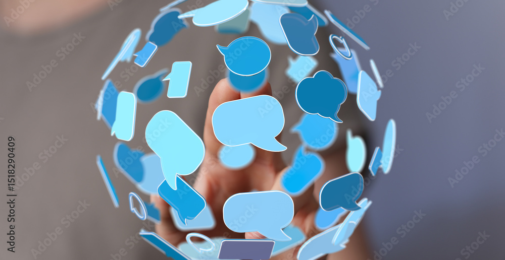 Poster abstract image of a digital sphere with speech bubbles, symbolizing global communication and network