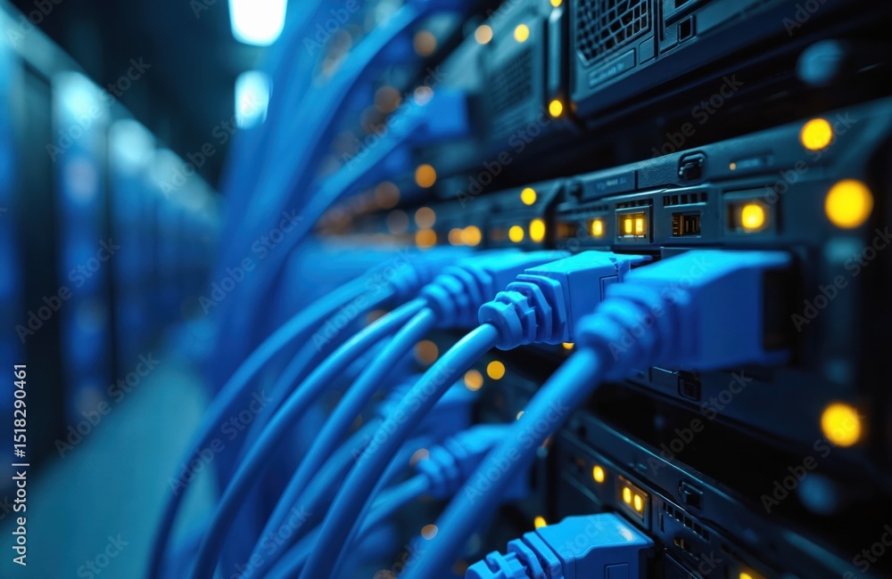 Poster Data center aisle with neatly organized blue network cables connected to servers. High-tech digital communication system, infrastructure. Modern tech network, internet connection. Secure server room,