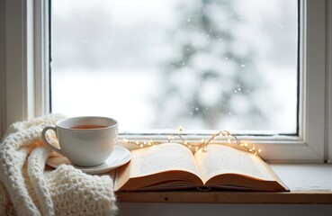 Cozy winter scene with cup of tea near open book, warm white sweater on windowsill. Blurry snowy outdoor view, fairy lights. Home comfort, relaxation, reading, holidays, wintertime.