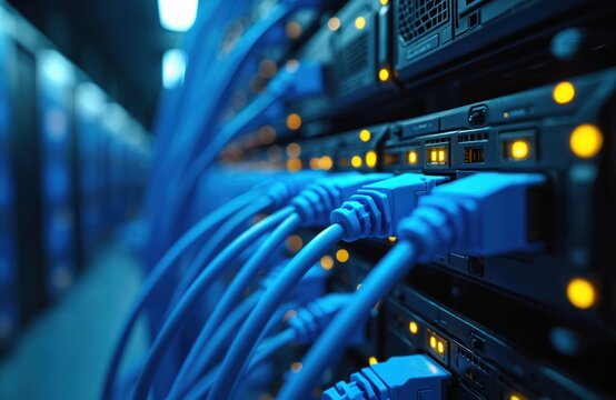 Data center aisle with neatly organized blue network cables connected to servers. High-tech digital communication system, infrastructure. Modern tech network, internet connection. Secure server room,