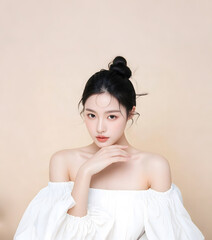Beauty salon advertising model portrait, elegant and beautiful Asian woman with hair tied behind her head and hand on chin