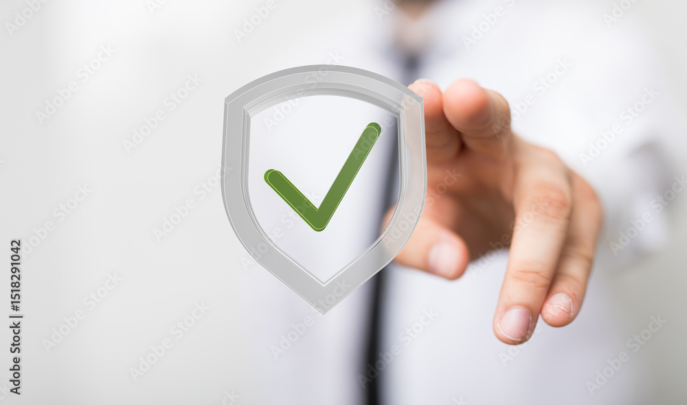 Poster High-quality image of a hand presenting a digital shield with a check mark, representing security and data protection.