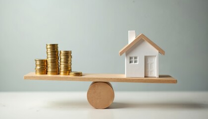 Conceptual photo shows balance between mortgage rates, house prices. Miniature house, stacks of coins on seesaw real estate investment, financial stability, home ownership, loan, value. Economic
