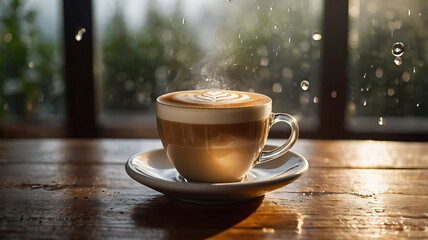Obraz premium A hot latte with beautiful latte art, placed on a natural wooden table. Behind it is a foggy glass window with droplets of condensation. Soft morning sunlight streams in, creating a warm and relaxing 