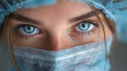A focused medical professional in surgical mask, eyes intense with determination -- dedication in healthcare.