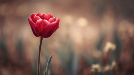 Obraz premium Single red tulip in full bloom standing gracefully against a blurred background