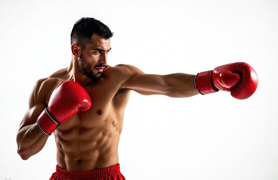 Male boxer in red gloves training. Muscular athlete practicing jab. Boxer poses in studio on white background. Martial arts, physical exercise, strength, healthy lifestyle.