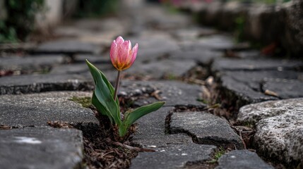 Single tulip growing through cracks in an old stone pathway