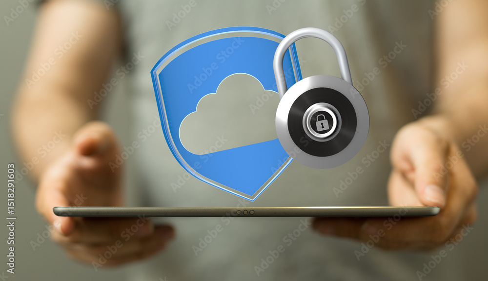 Fototapete Image of a tablet displaying a cloud with a lock, symbolizing secure cloud data protection.
