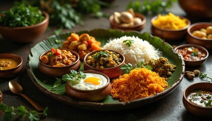 Ayurvedic meal with rice, vegetables, herbs. Healthy, balanced diet rich with traditional spices, perfect for vegetarian vegan eating, promotes digestion, overall wellness. Holistic nourishment for