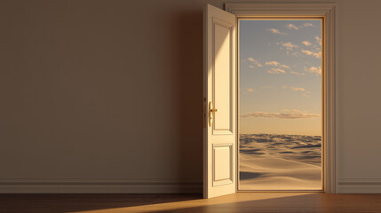 Open door in a minimal room reveals a dreamy desert landscape at sunset. Concept of escape, meditation, freedom, travel, and dreaming of a distant peaceful place beyond the ordinary.