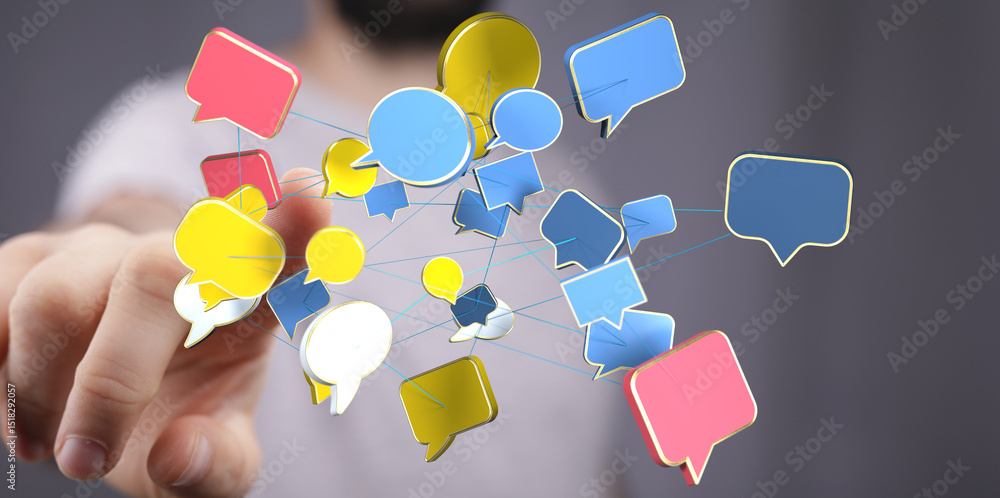 Poster stock photo of a hand interacting with a network of colorful speech bubbles, representing communicat