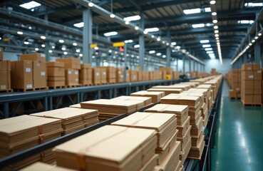 Fototapeta premium Cardboard boxes on conveyor line in warehouse. Stacks of packages on pallets at storage. Industrial interior. Production, manufacture, packing, delivery. Cardboard boxes background.