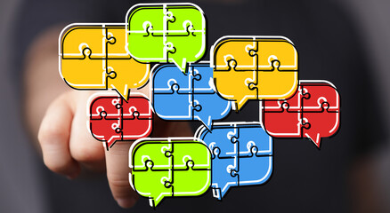 Colorful puzzle pieces in speech bubbles illustrate teamwork, communication, and problem-solving.