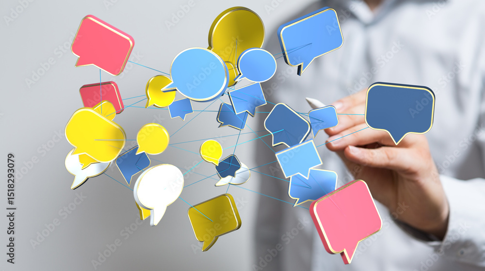Poster concept image of interconnected speech bubbles, symbolizing global communication and networking.