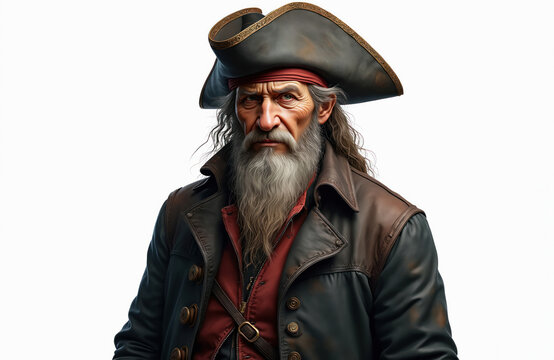 Portrait old pirate man in hat. Bearded corsair character on white background. Mariner with grey beard wears historical costume, leather coat. Buccaneer captain portrait, looking at camera.