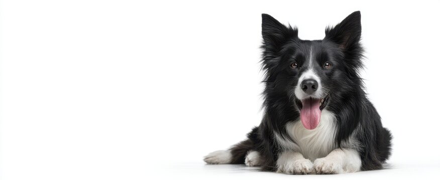The happy Border Collie resting peacefully with tongue out in a studio setting. - Powered by Adobe
