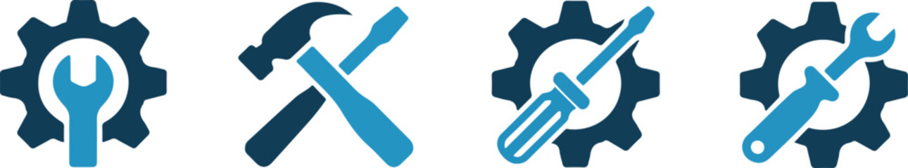Set of blue and dark blue engineering tools with gear wheels and white background