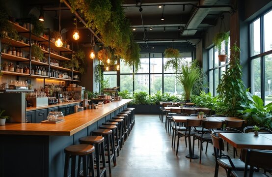 Stylish cafe restaurant interior design. Numerous plants decorate space. Wooden bar counter with stools. Tables chairs create dining zone. Green plants design, modern interior, eco style. Cozy