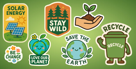 Eco Stickers Pack – Save the Earth, Recycle, Solar Energy, Love Our Planet – On Green Background
