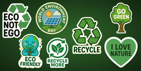 Environmental Stickers – Eco Not Ego, Recycle More, World Environment Day – On Green Background
