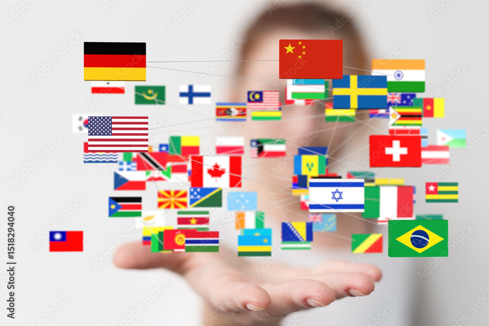 Poster image of many flags interconnected, symbolizing global unity and cooperation.