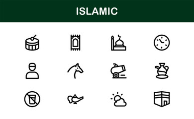 Islamic Icon Set in Minimal Vector Style with Mosque, Quran, Prayer, and Moon Elements for Cultural Projects