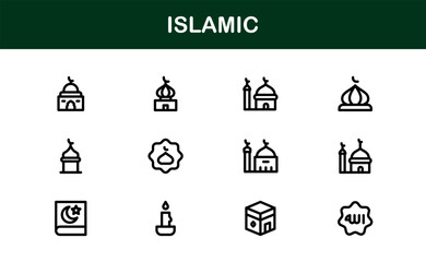 Islamic Icon Set in Minimal Vector Style with Mosque, Quran, Prayer, and Moon Elements for Cultural Projects