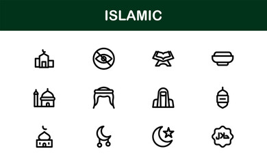 Islamic Icon Set in Minimal Vector Style with Mosque, Quran, Prayer, and Moon Elements for Cultural Projects