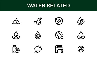 Water Related Icon Set in Clean Vector Style Featuring Drops, Waves, Rain, and Hydration Symbols