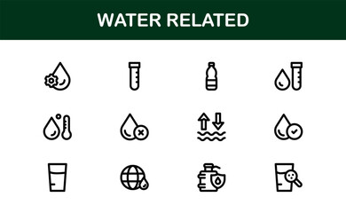 Water Related Icon Set in Clean Vector Style Featuring Drops, Waves, Rain, and Hydration Symbols