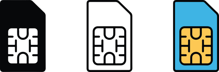 Set of three mobile phone sim card icons in different styles