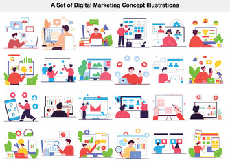Digital Marketing Strategy and SEO Concept Illustrations Data Analysis, Subscriber List, Social Media and Optimization