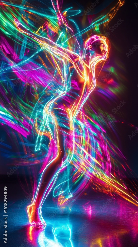 Poster a dancer expresses fluid movement against a dark backdrop, illuminated by vibrant trails of light in