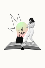 Vertical poster art photo collage of happy girl stand book open page enlightenment education light bulb power idea finding