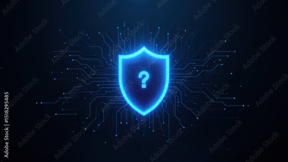 Poster cybersecurity shield with digital background and glowing lines.