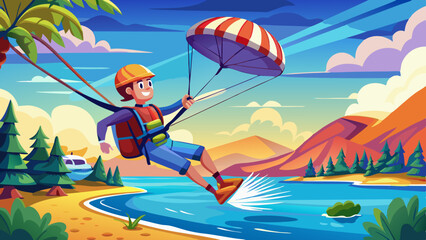 Cartoon man paragliding over tropical beach with mountains and forest in the background under a colorful sky
