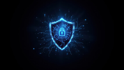 Cybersecurity graphic with lock symbol and digital overlay on background.
