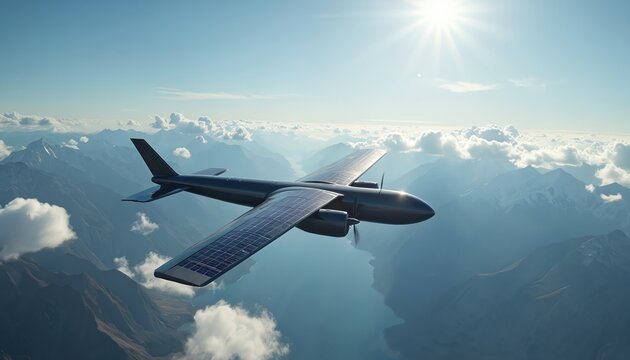 Illustration shows solar panel plane flying over mountains. Renewable energy aircraft in sky. Clean power innovation. Green tech, eco-friendly transport concept. Modern future technology for