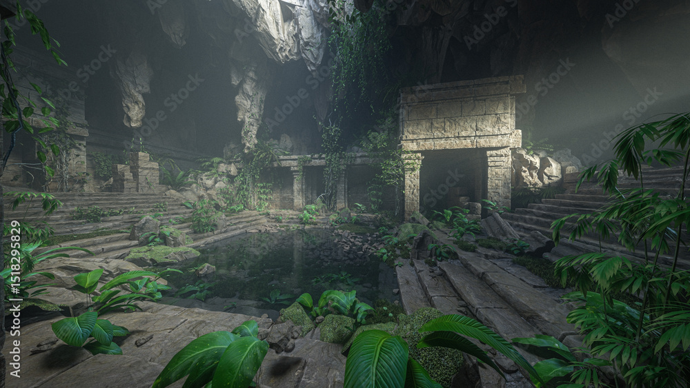 Poster ruins of an ancient fantasy temple buried in a cave in mountains. 3d render.