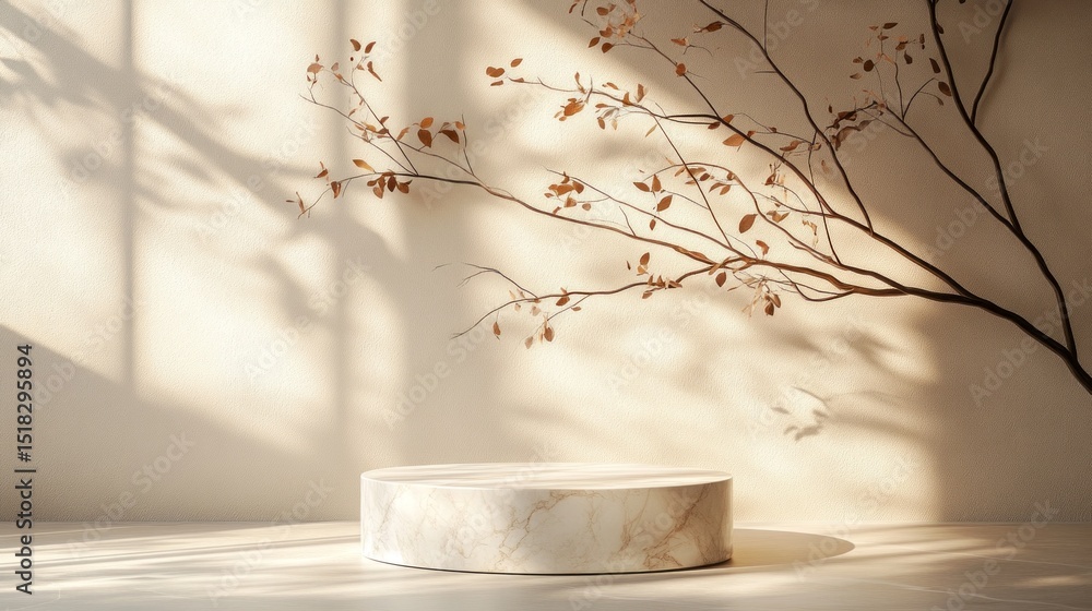 Aufkleber a round marble podium sits in a softly lit space, casting gentle shadows on the wall from the bare b