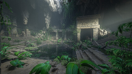 Ruins of an ancient fantasy temple buried in a cave in mountains. 3D render.