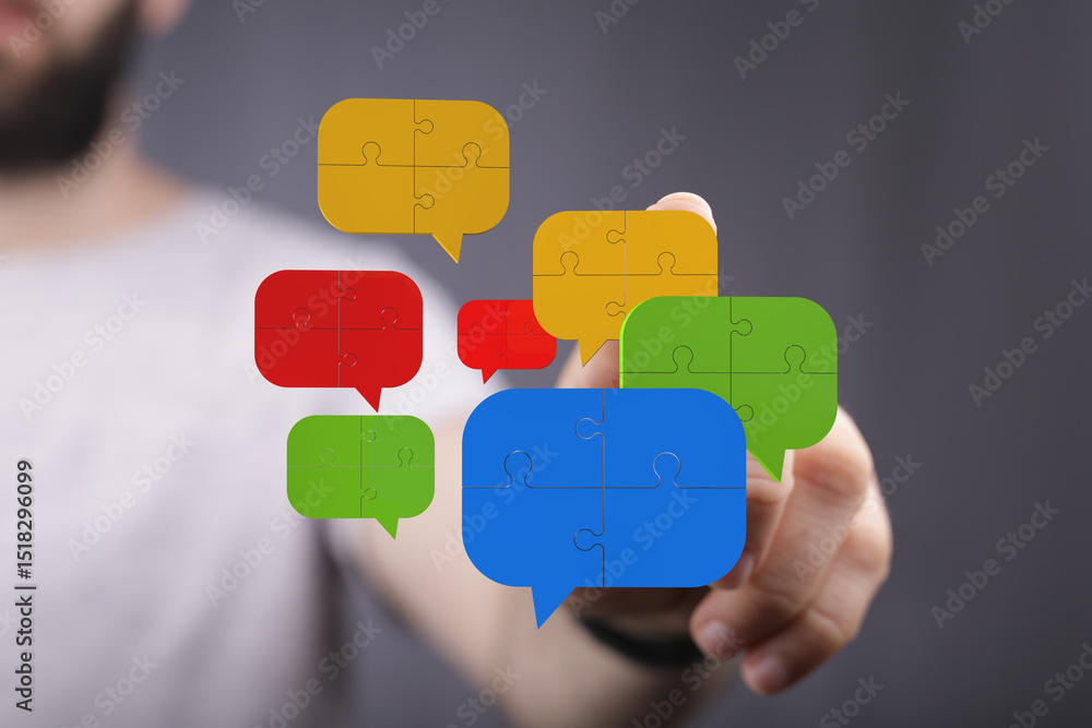 Poster abstract image of puzzle pieces forming speech bubbles, symbolizing communication and collaboration.